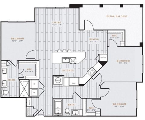 Floor plan for 3 beds, 2 baths, 1399 sqft